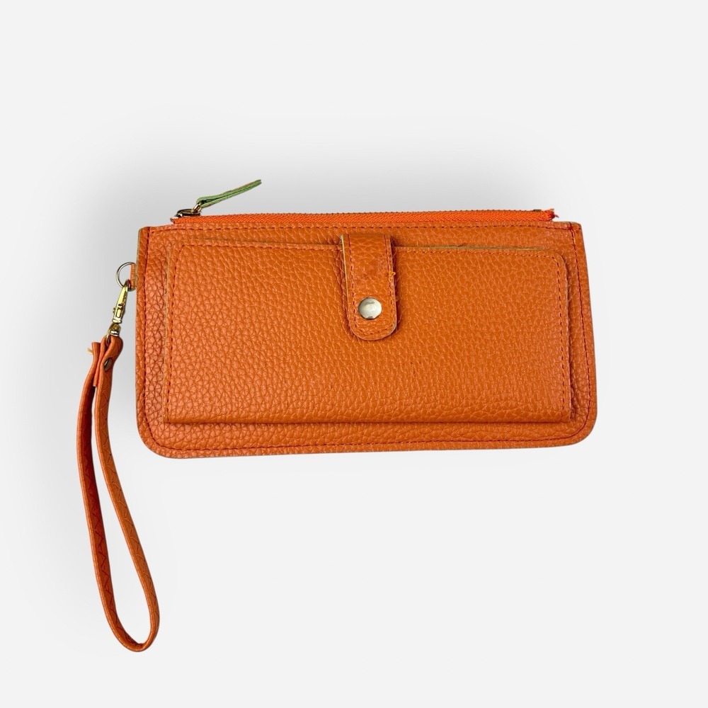 Women's Vegan Leather Wristlet Orange Zip Wallet Cellphone Holder Clutch Bag
